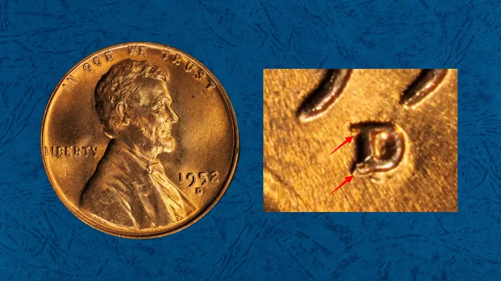 Close-up of 1952-D Repunched Mintmark penny showing doubled D mintmark impression in different positions