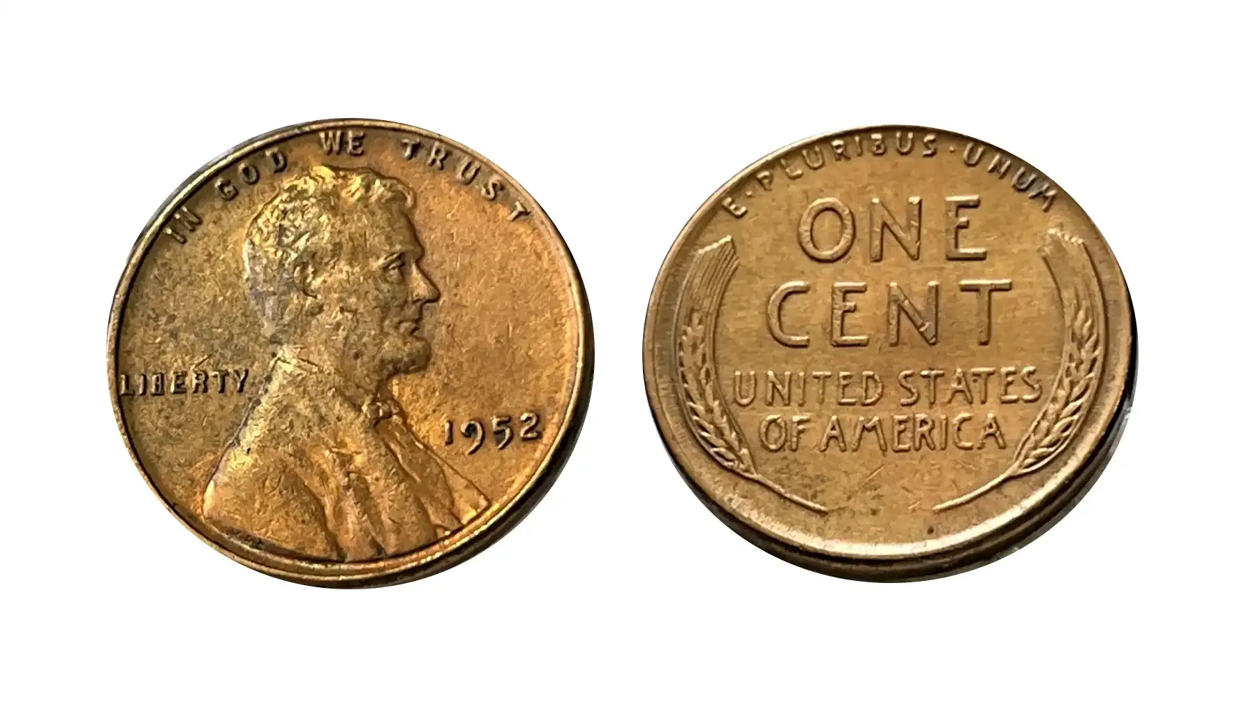 Group of 1952 Lincoln Wheat Pennies showing condition progression from worn to uncirculated specimens
