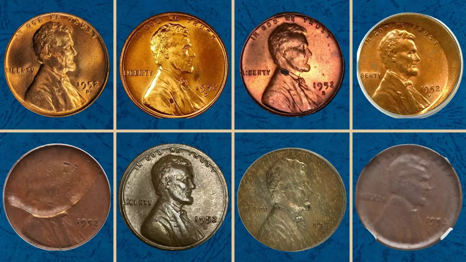 Grading strip showing four 1952 Lincoln Wheat Pennies in a row from worn to gem uncirculated condition